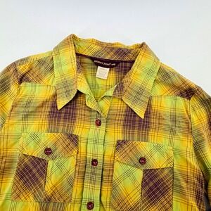 Horny Toad Plaid Button Down Shirt Long Sleeve Small Yellow Green Purple Western